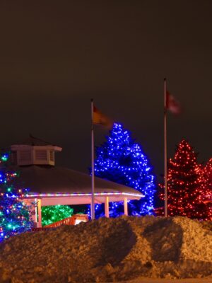 Riverview city using christmas lights as street lights to brighten up the city during the holidays