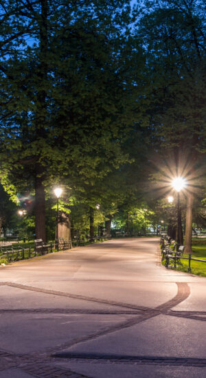 LED street lights (post top) used in a public parc to improve visibility and safety