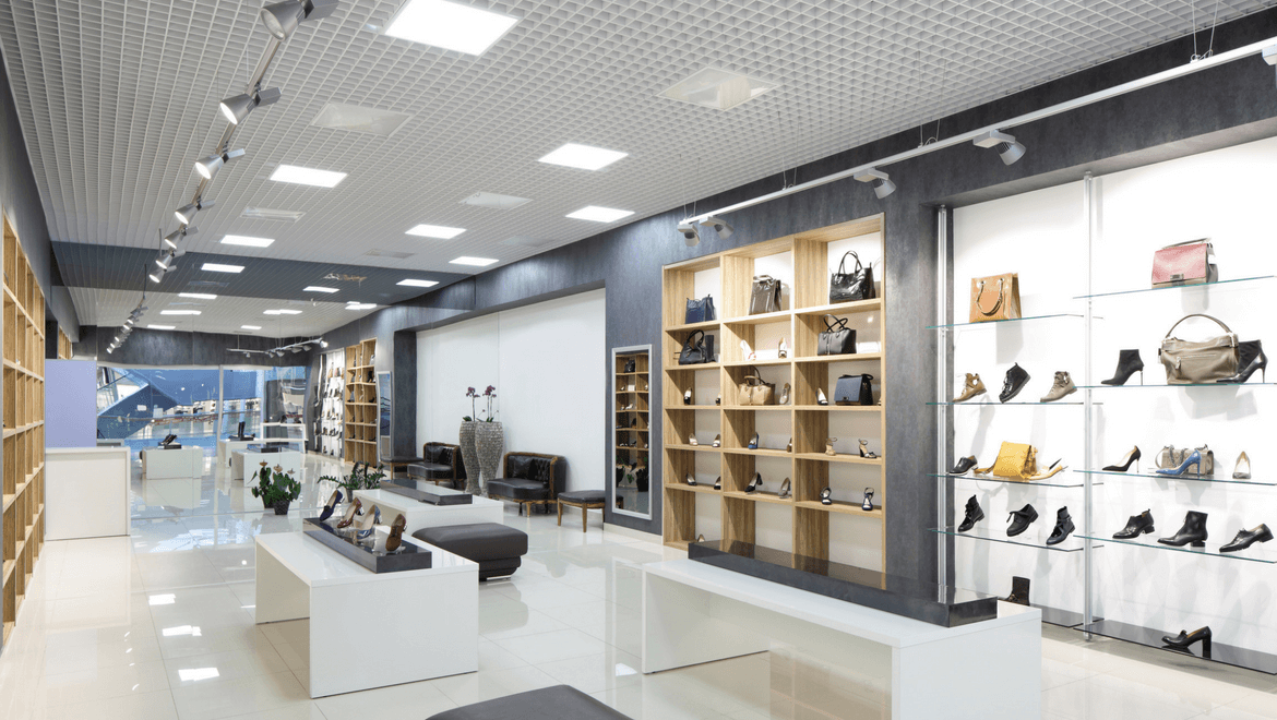 Bags and shoes on display in a store with 3 basic types of lighting