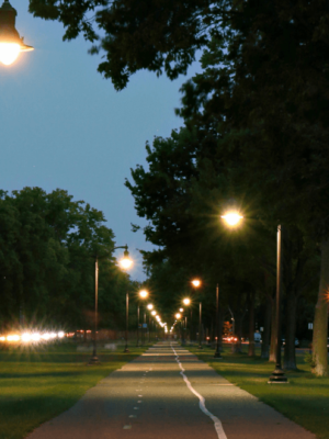 LED city street lights along the bycicle path of a parc in a canadian city to improve safety and visibility