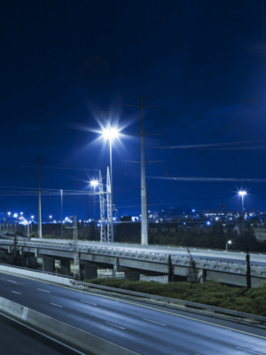 Light in cities: Road illuminated by LED street lights at night