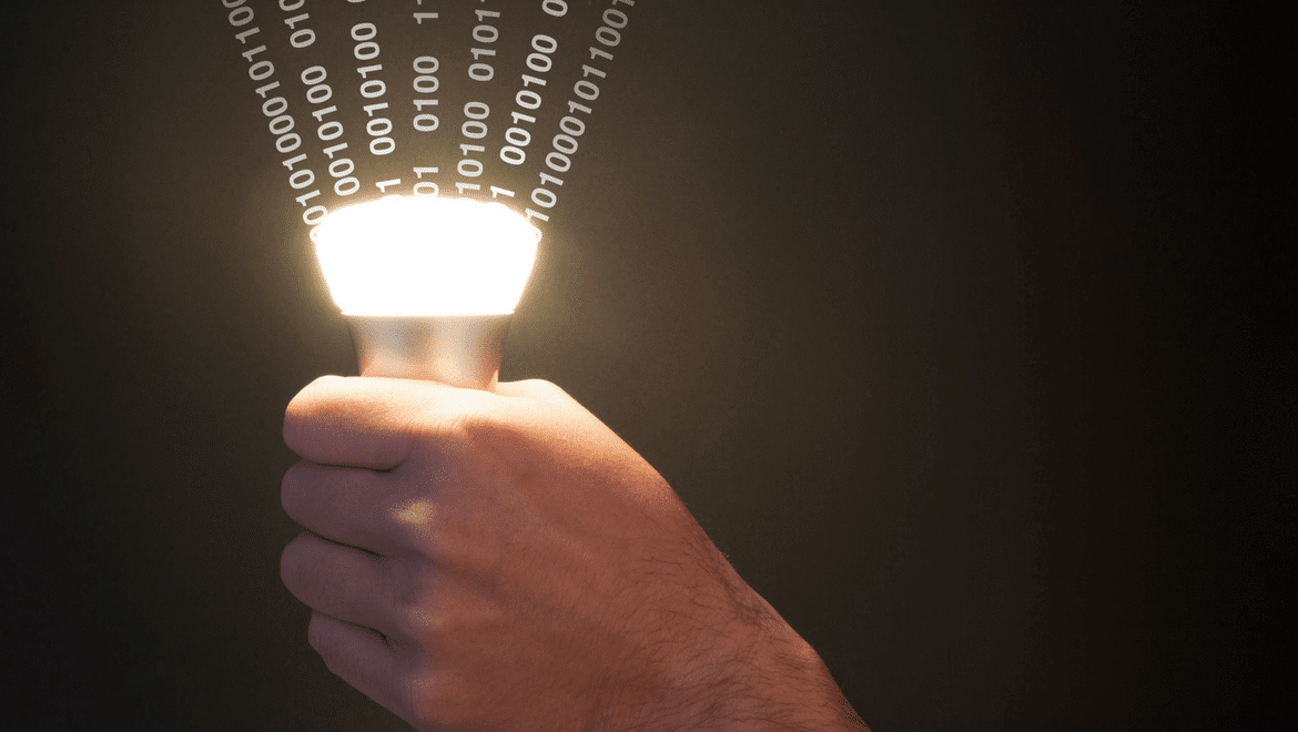 Lifi technology: Hand holding a light with numbers coming out of it