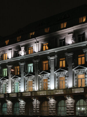 building lighted by flood and yard light that are LED street light to improve safety and visibility at night