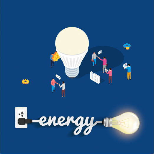 Illustration of a plugged and lighted led lamp that is an energy-efficient lighting solution and certified energy star because it allows to reduce energy consumption compared to traditional lamps